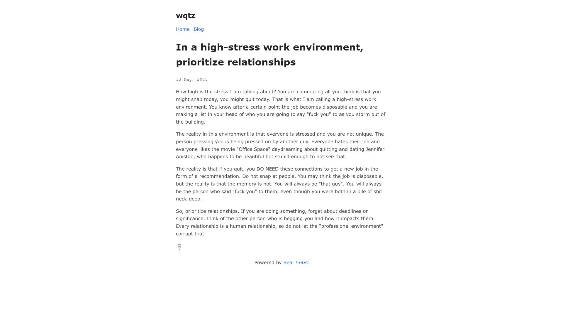 Screenshot of wqtz.bearblog.dev: In a high-stress work environment, prioritize relationships