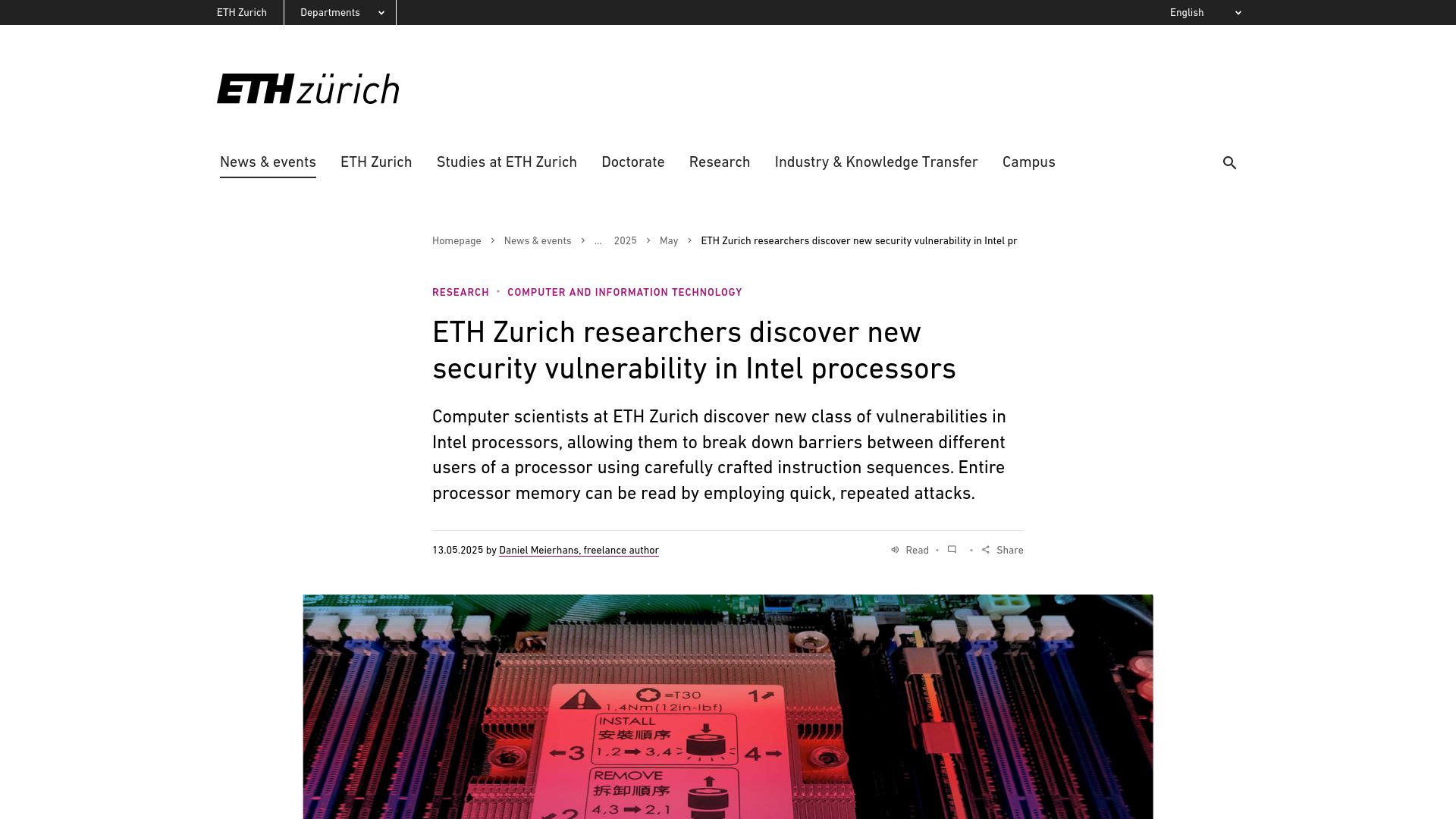 Screenshot of comsec.ethz.ch: Branch Privilege Injection: Exploiting branch predictor race conditions