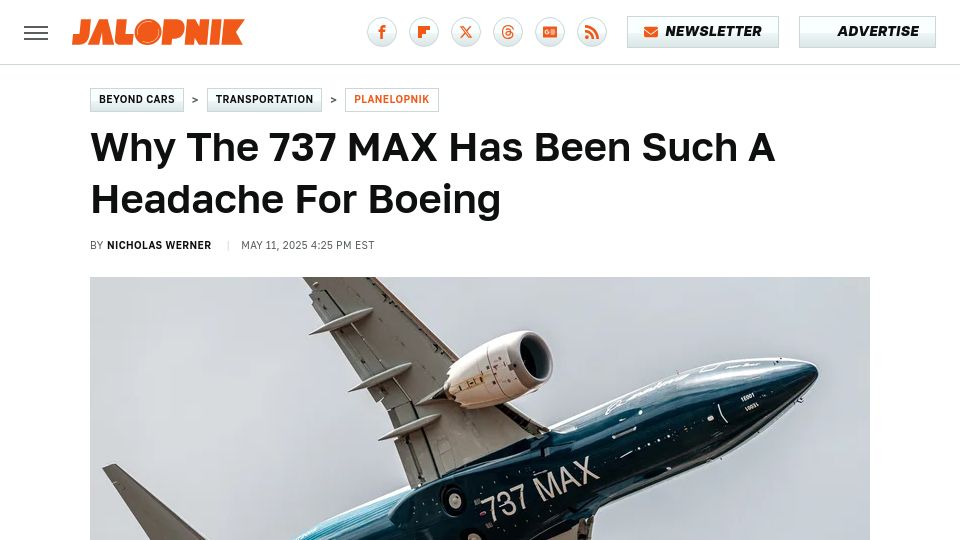 Screenshot of jalopnik.com: Why the 737 MAX has been such a headache for Boeing