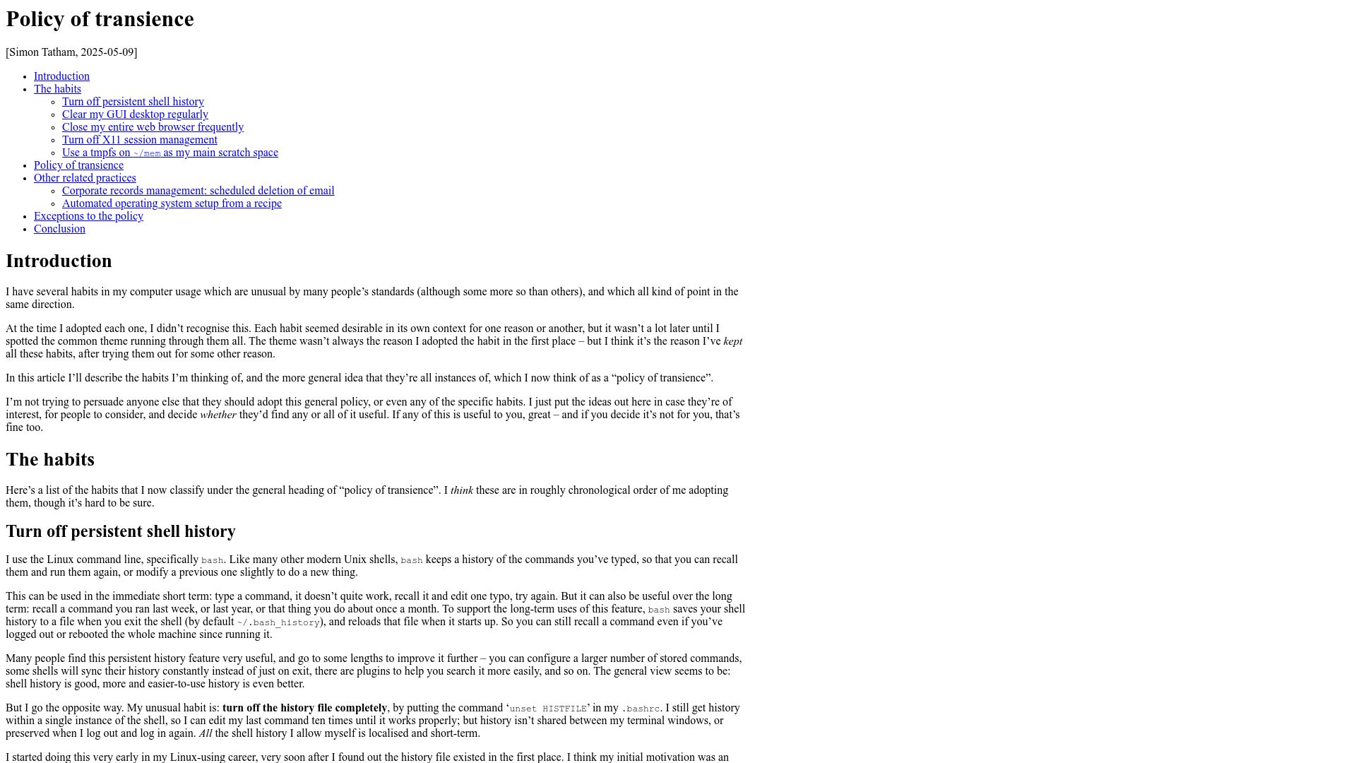 Screenshot of chiark.greenend.org.uk: Policy of Transience