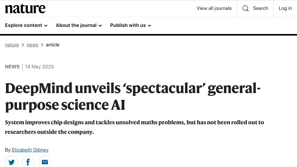 Screenshot of nature.com: DeepMind unveils 'spectacular' general-purpose science AI