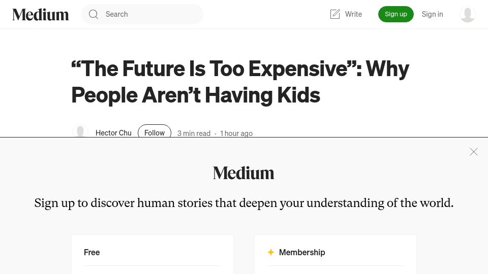 Screenshot of medium.com: The Future Is Too Expensive – A New Theory on Collapsing Birth Rates