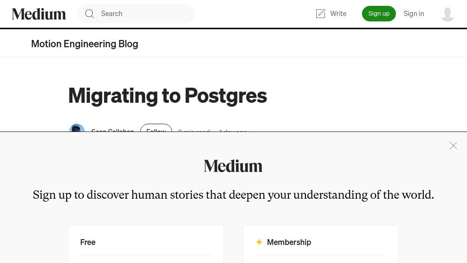 Screenshot of engineering.usemotion.com: Migrating to Postgres