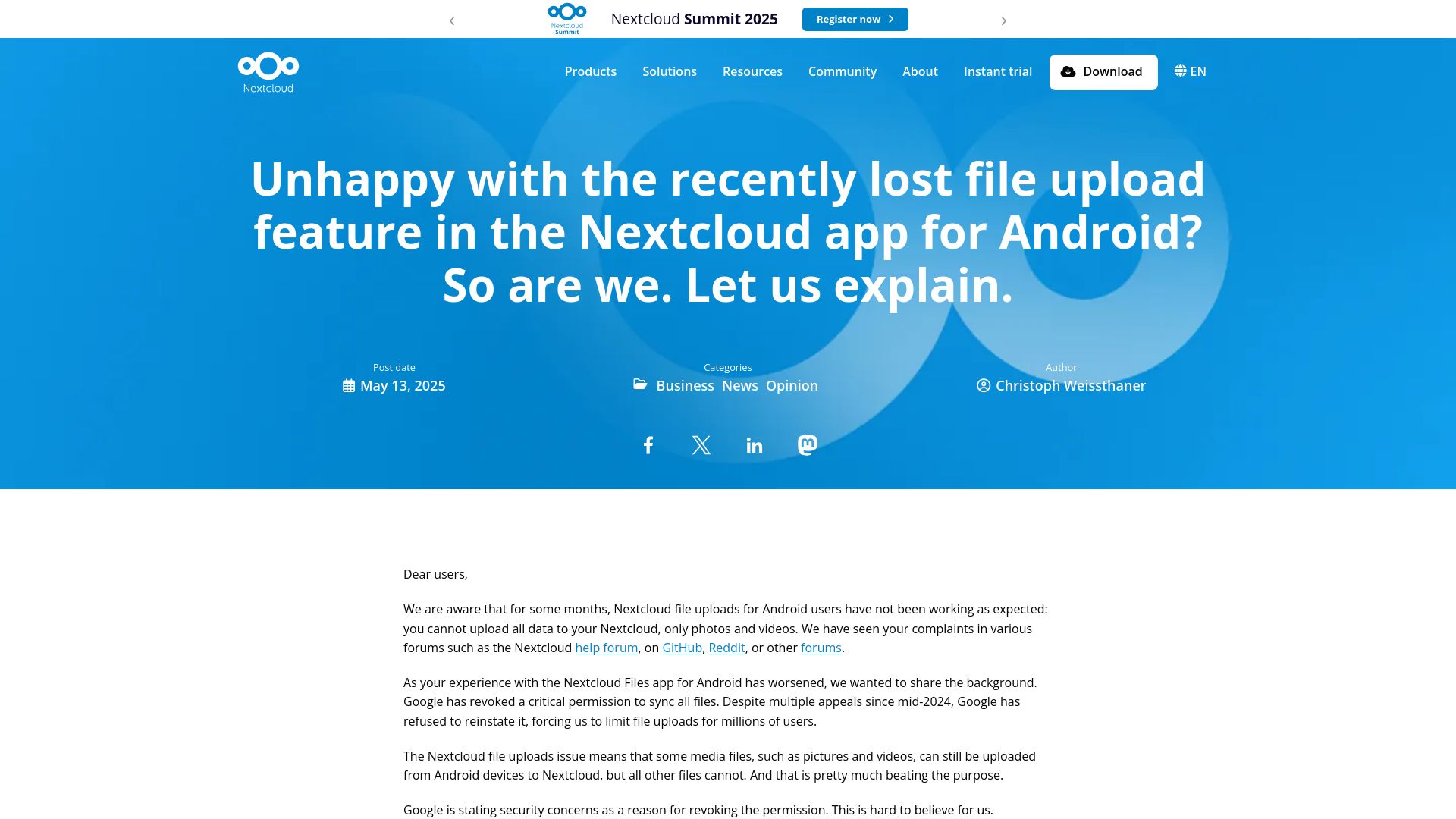 Screenshot of nextcloud.com: The recently lost file upload feature in the Nextcloud app for Android