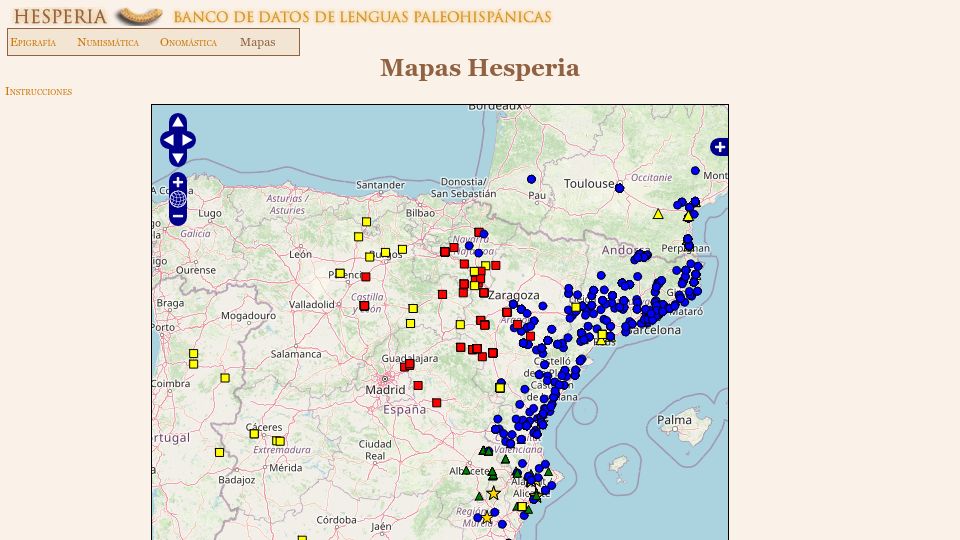 Screenshot of hesperia.ucm.es: Map of Palaeohispanic Coins and Inscriptions