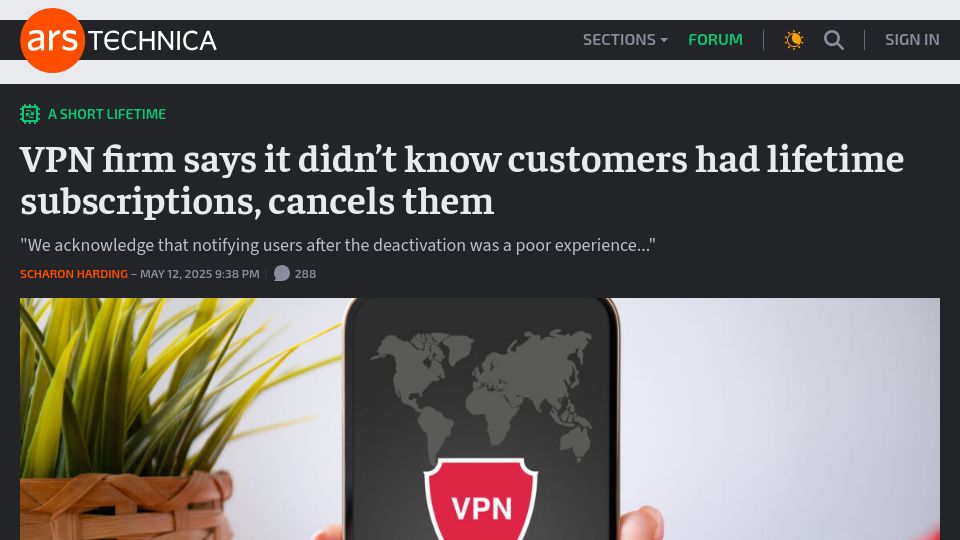 Screenshot of arstechnica.com: VPN firm says it didn't know customers had lifetime subscriptions, cancels them