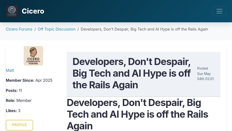 Screenshot of cicero.sh: Developers, Don't Despair, Big Tech and AI Hype Is Off the Rails Again