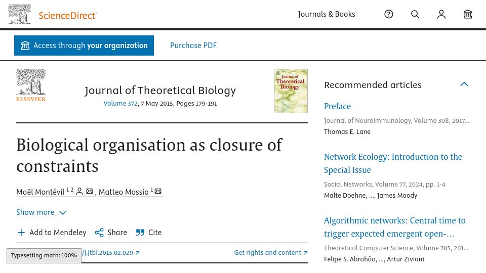 Screenshot of sciencedirect.com: Biological Organisation as Closure of Constraints