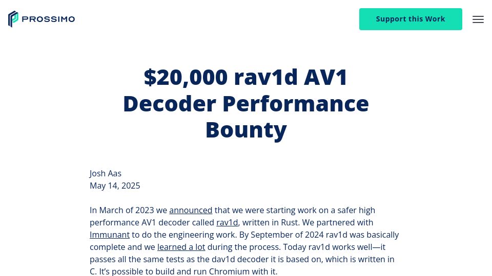 Screenshot of memorysafety.org: $20K Bounty Offered for Optimizing Rust Code in Rav1d AV1 Decoder