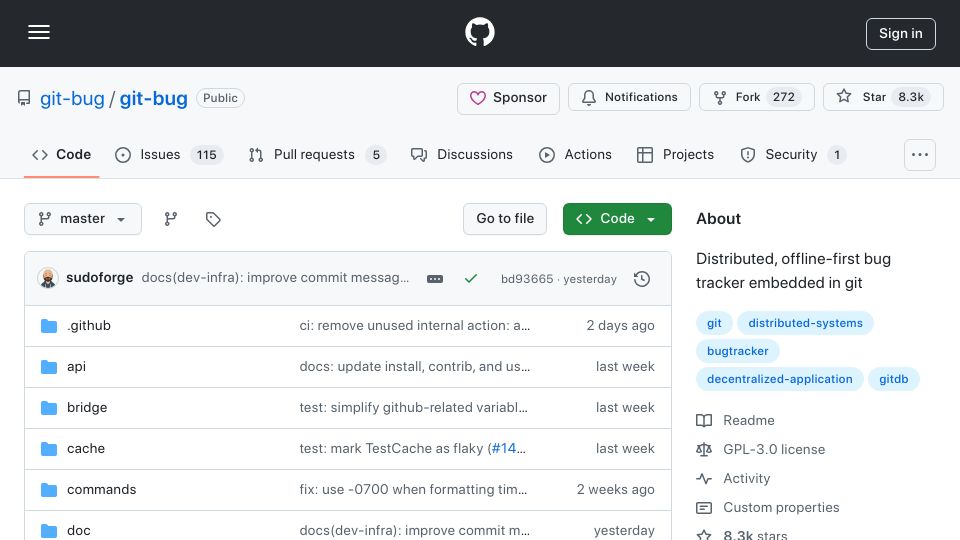 Screenshot of github.com: Git Bug: Distributed, Offline-First Bug Tracker Embedded in Git, with Bridges