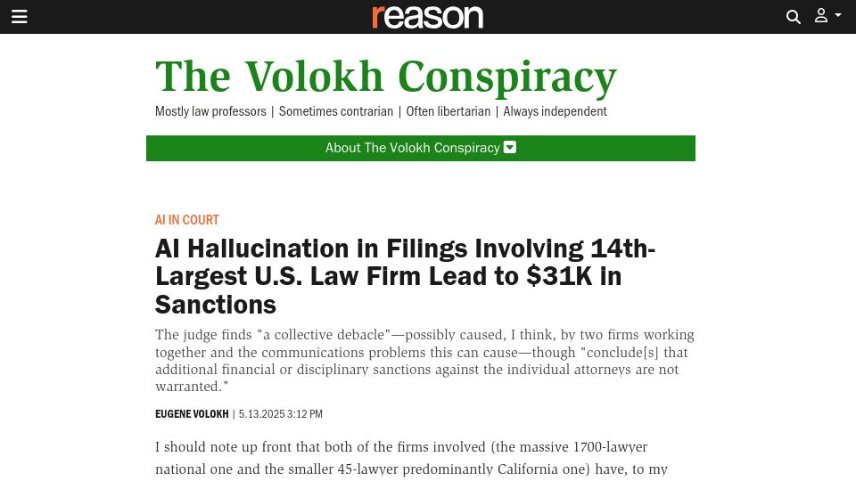 Screenshot of reason.com: AI Hallucination in Filings, 14th-Largest US Law Firm: $31K in Sanctions
