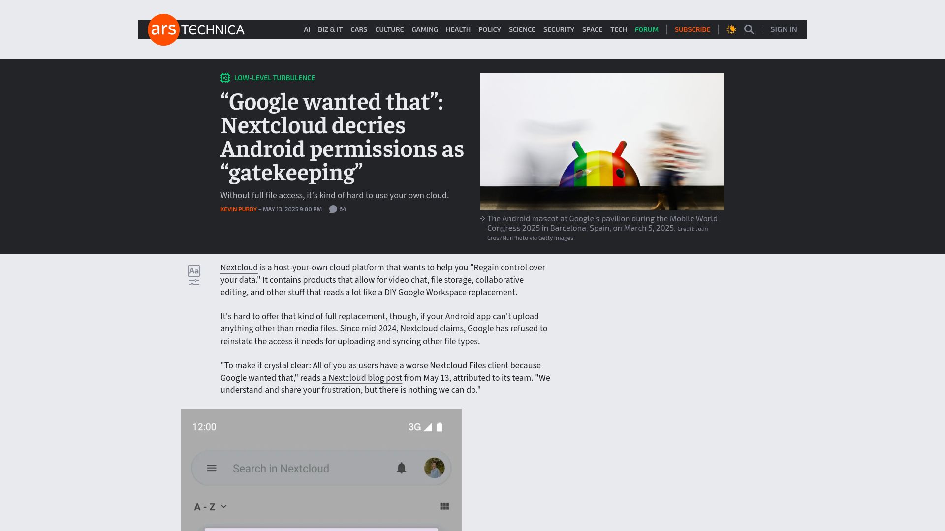 Screenshot of arstechnica.com: "Google wanted that": Nextcloud decries Android permissions as "gatekeeping"