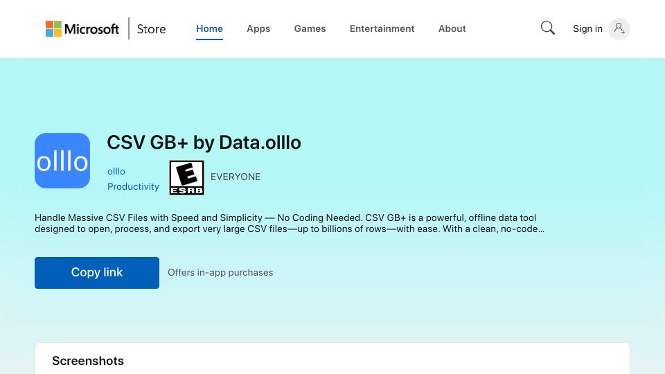 Screenshot of apps.microsoft.com: Show HN: CSV GB+ by Data.olllo – Open and Process CSVs Locally