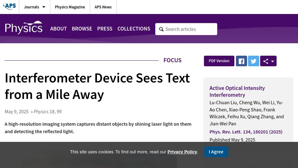 Screenshot of physics.aps.org: Interferometer Device Sees Text from a Mile Away