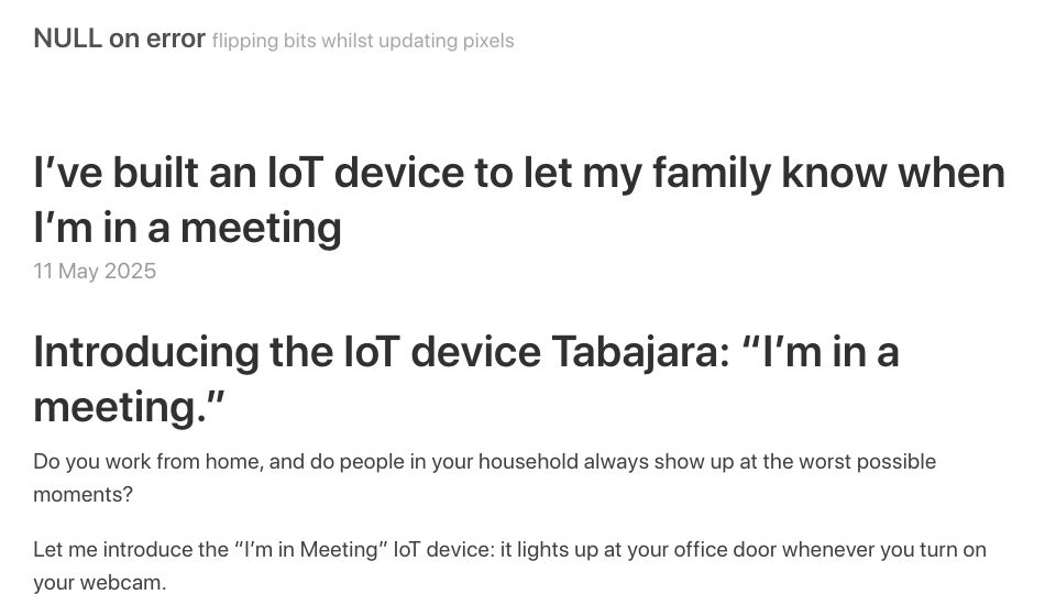 Screenshot of nullonerror.org: Show HN: I’ve built an IoT device to let my family know when I’m in a meeting