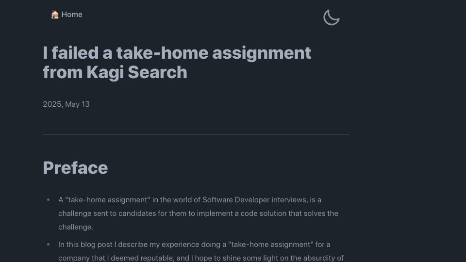 Screenshot of bloggeroo.dev: I failed a take-home assignment from Kagi Search