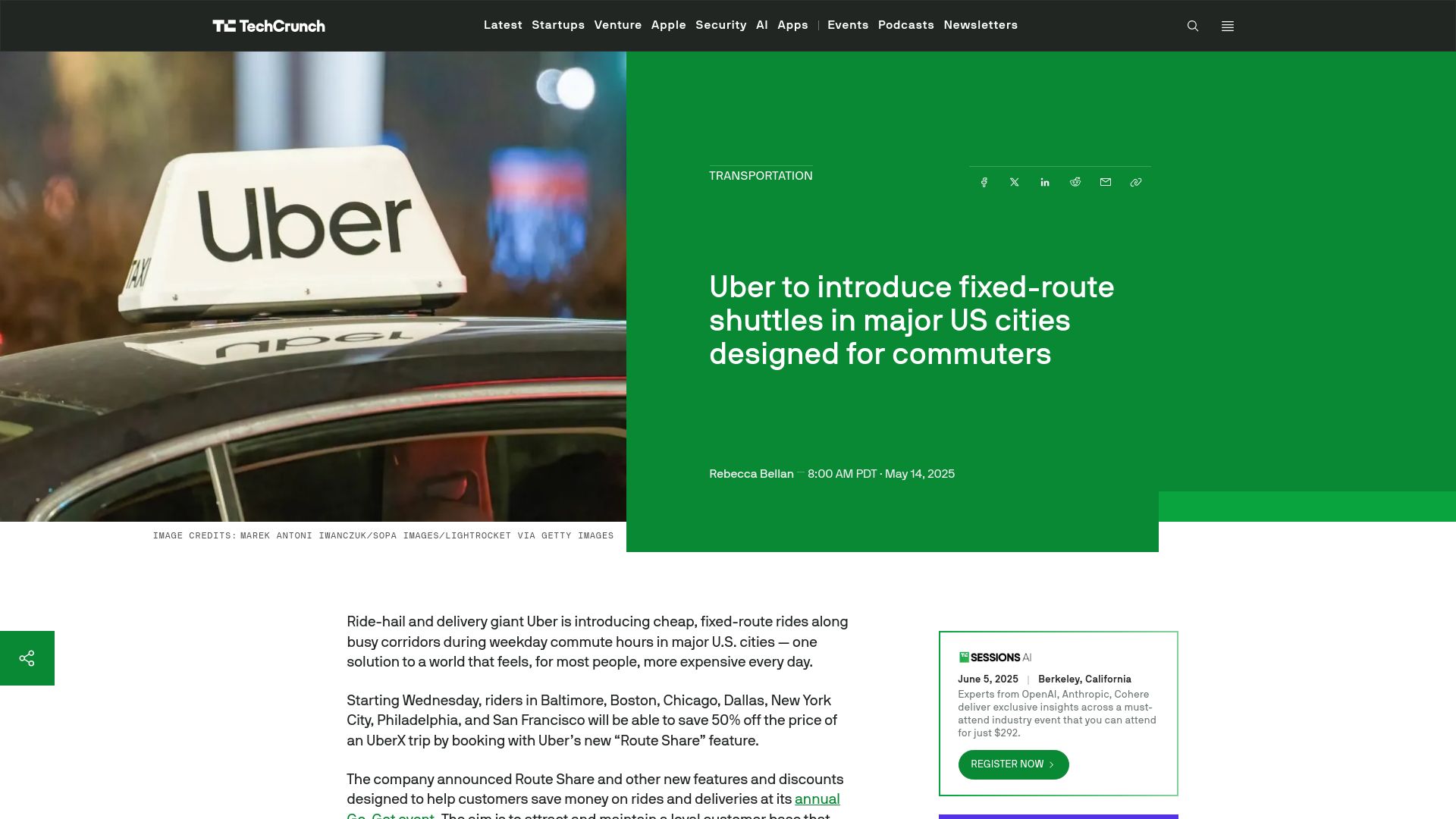 Screenshot of techcrunch.com: Uber to introduce fixed-route shuttles in major US cities