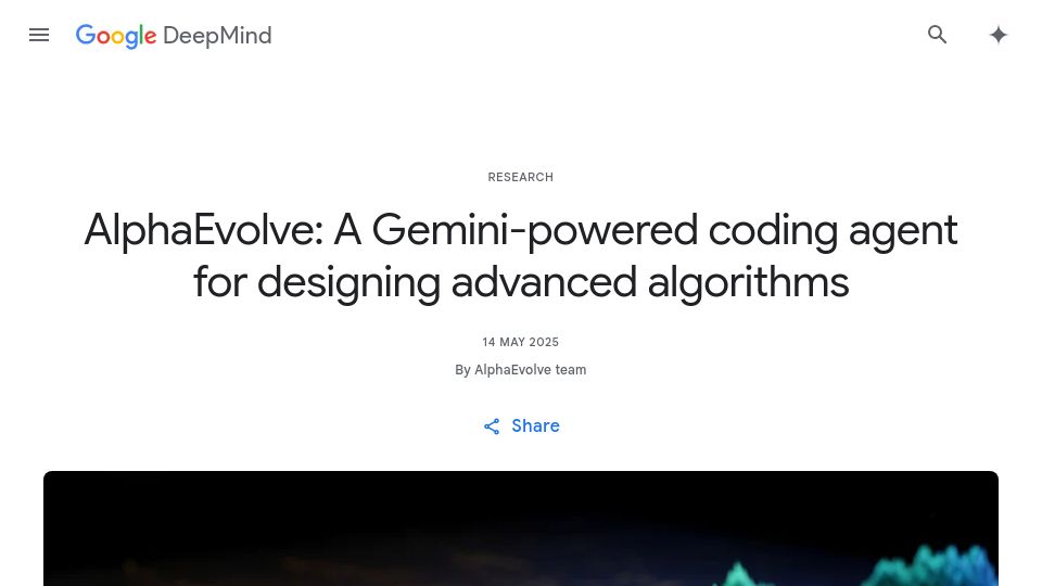 Screenshot of deepmind.google: AlphaEvolve: A Gemini-powered coding agent for designing advanced algorithms