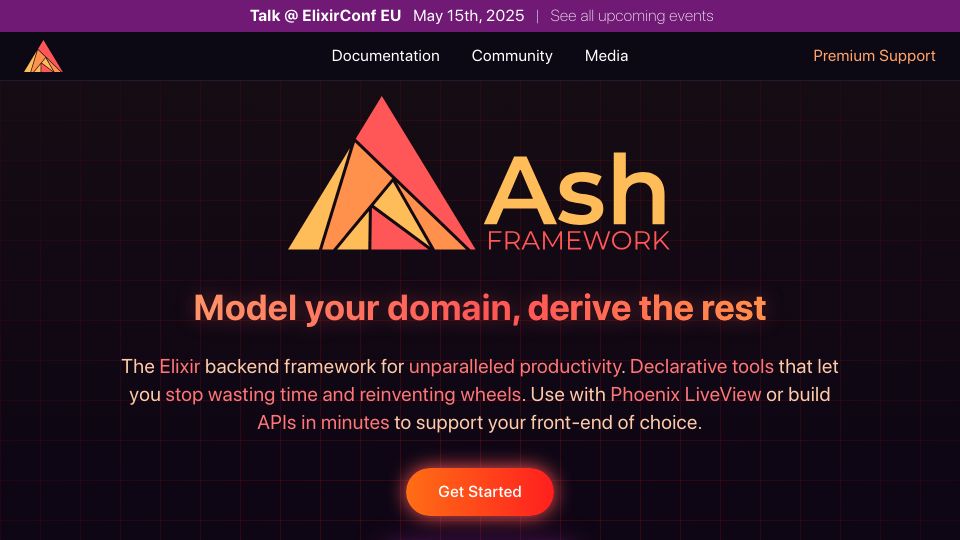 Screenshot of ash-hq.org: Ash Framework – Model your domain, derive the rest