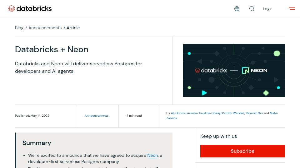 Screenshot of databricks.com: Databricks acquires Neon