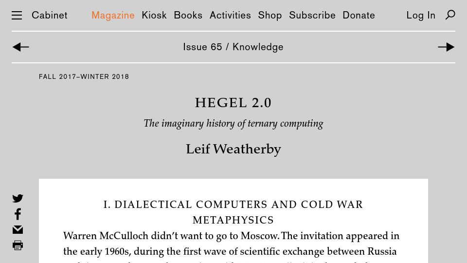 Screenshot of cabinetmagazine.org: Hegel 2.0: The imaginary history of ternary computing (2018)