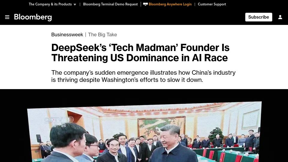 Screenshot of bloomberg.com: DeepSeek’s founder is threatening US dominance in AI race