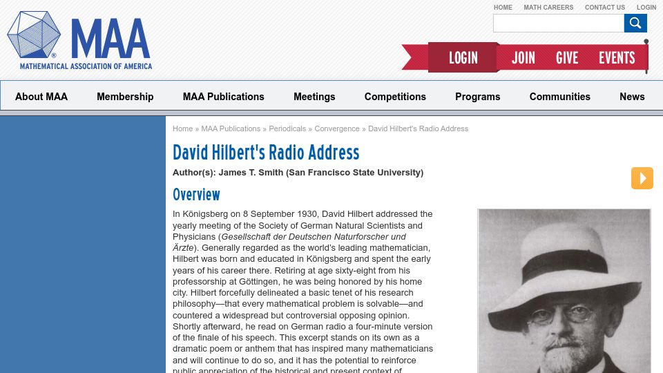 Screenshot of old.maa.org: David Hilbert's radio address (2014)