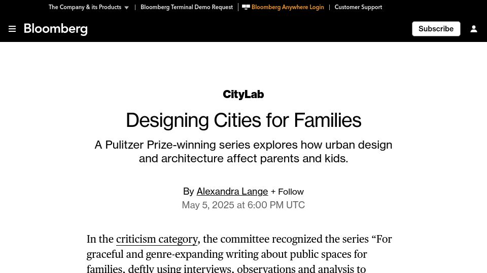 Screenshot of bloomberg.com: Designing Cities for Families