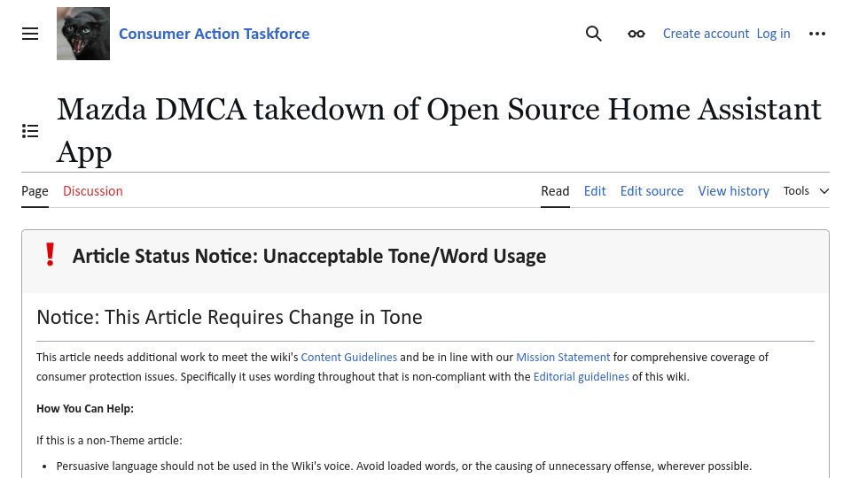Screenshot of consumerrights.wiki: Mazda DMCA Takedown of Open Source Home Assistant App