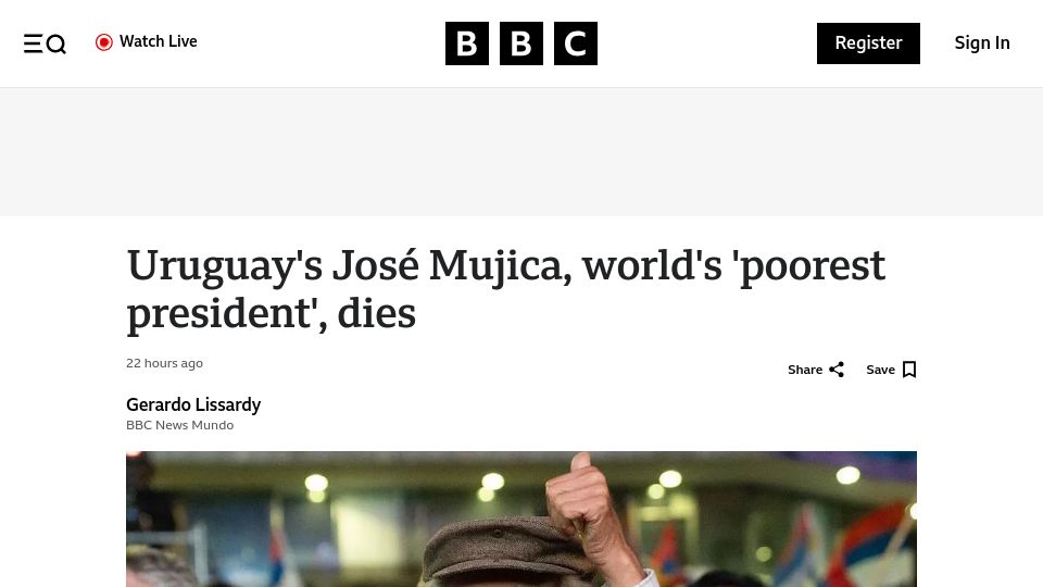 Screenshot of bbc.co.uk: José Mujica has died