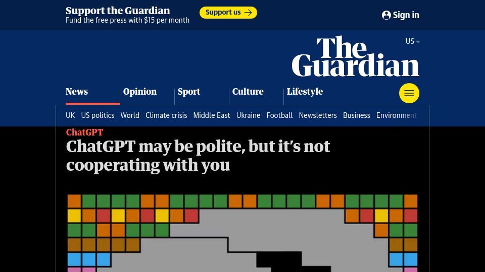 Screenshot of theguardian.com: ChatGPT may be polite, but it's not cooperating with you