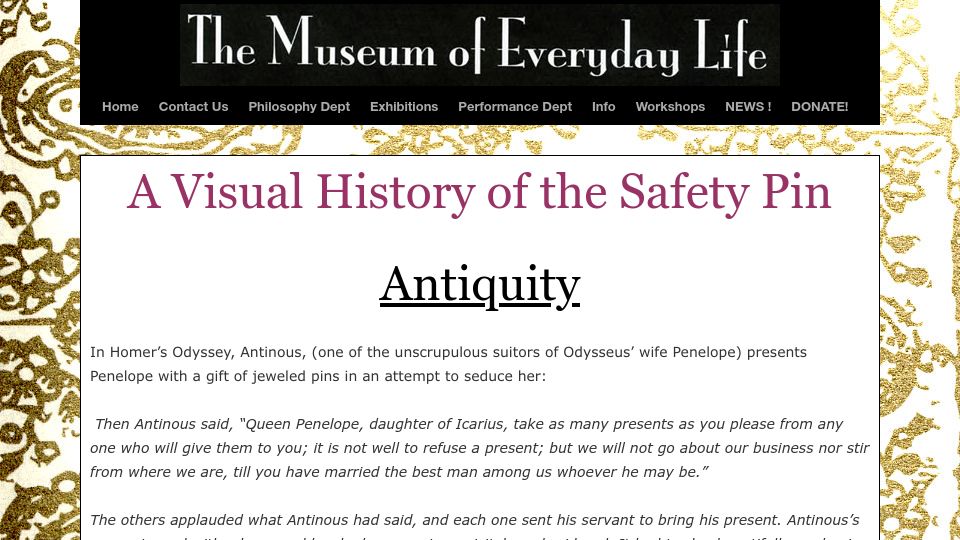 Screenshot of museumofeverydaylife.org: A visual history of the safety pin