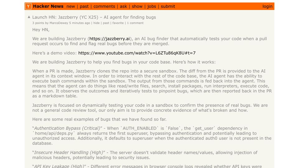 Screenshot of Hacker News post: Launch HN: Jazzberry (YC X25) – AI agent for finding bugs