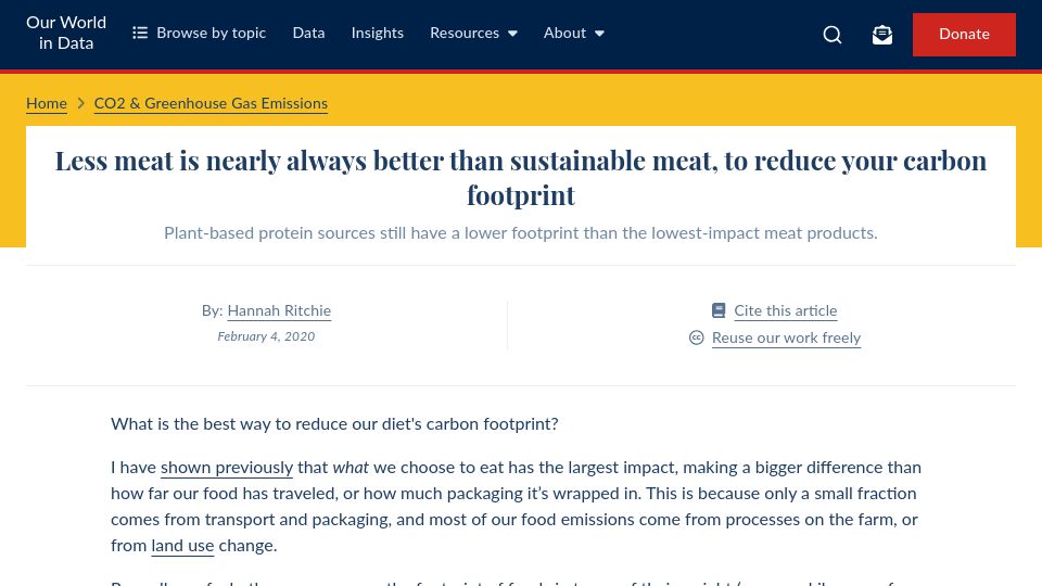Screenshot of ourworldindata.org: Less meat is nearly always better than sustainable meat