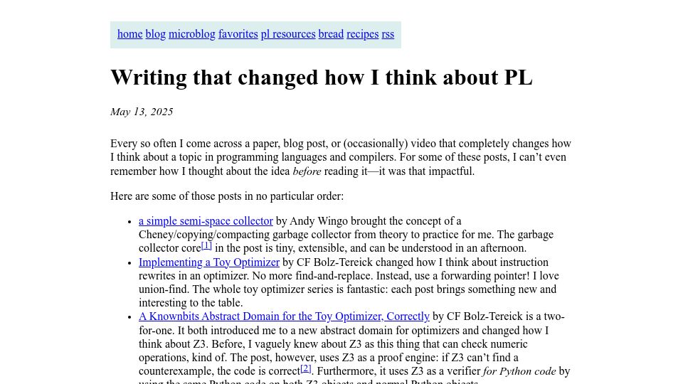 Screenshot of bernsteinbear.com: Writing that changed how I think about programming languages