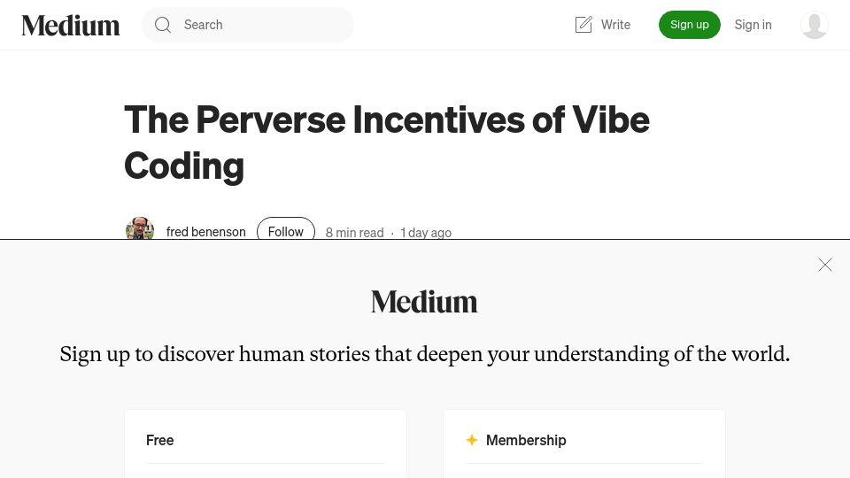 Screenshot of fredbenenson.medium.com: Perverse incentives of vibe coding