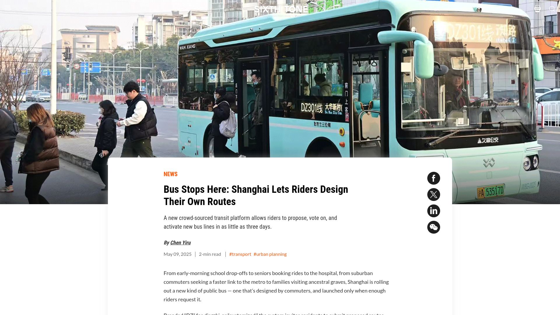 Screenshot of sixthtone.com: Bus stops here: Shanghai lets riders design their own routes
