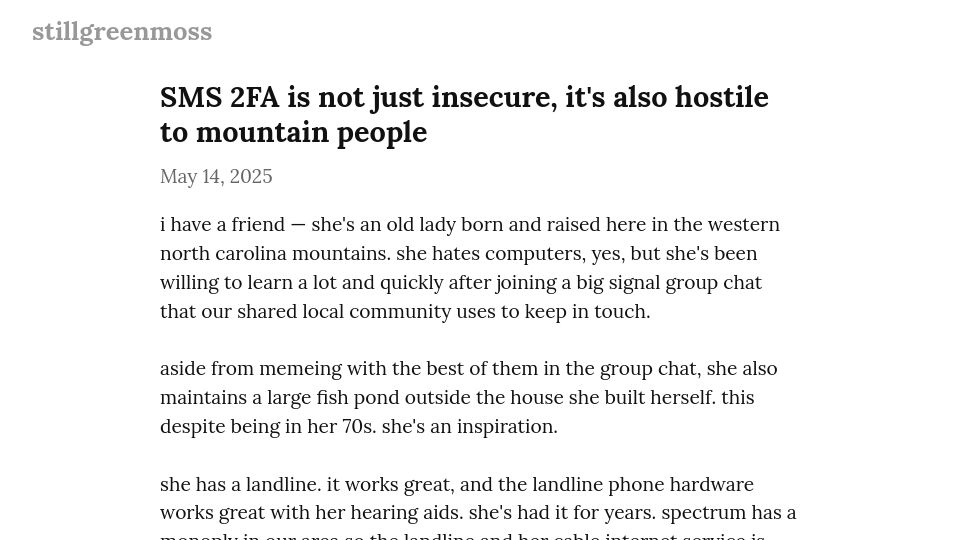 Screenshot of blog.stillgreenmoss.net: SMS 2FA is not just insecure, it's also hostile to mountain people