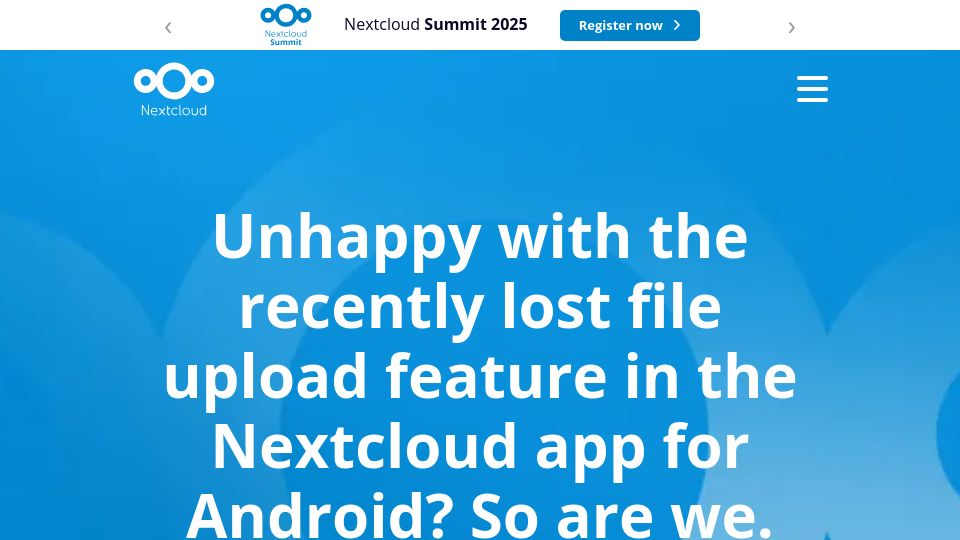 Screenshot of nextcloud.com: The recently lost file upload feature in the Nextcloud app for Android