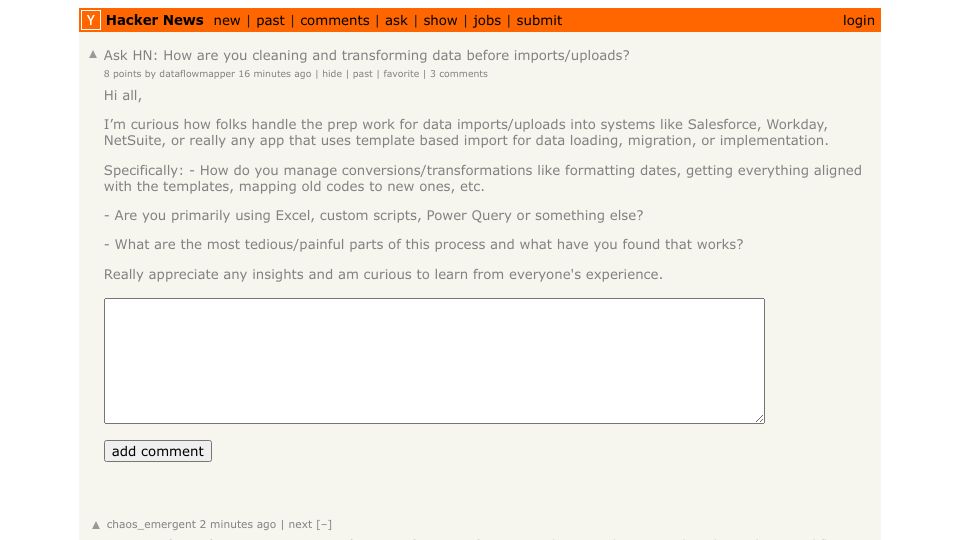 Screenshot of Hacker News post: Ask HN: How are you cleaning and transforming data before imports/uploads?