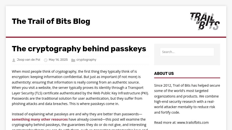 Screenshot of blog.trailofbits.com: The cryptography behind passkeys