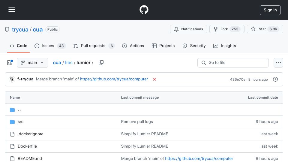 Screenshot of github.com: Show HN: Lumier – Run macOS VMs in a Docker
