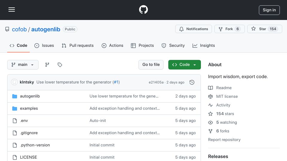Screenshot of github.com: Python lib generates its code on-the-fly based on usage