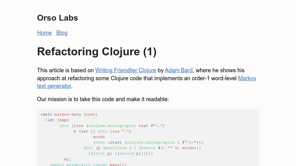 Screenshot of orsolabs.com: Refactoring Clojure
