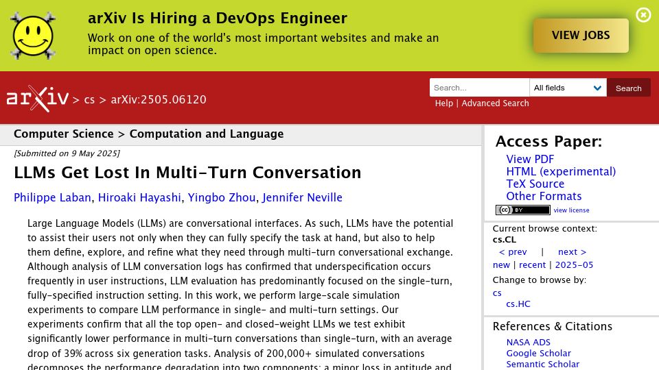 Screenshot of arxiv.org: LLMs get lost in multi-turn conversation