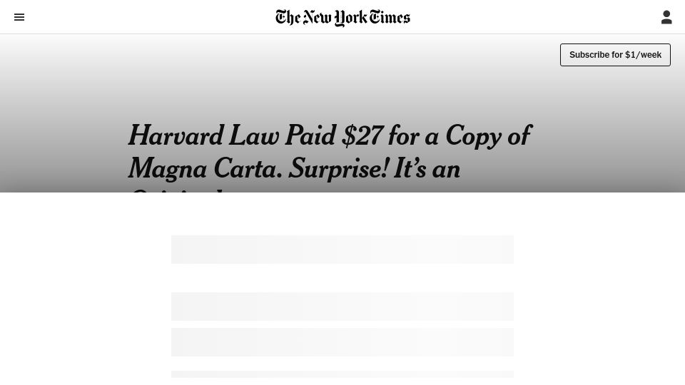 Screenshot of nytimes.com: Harvard Law paid $27 for a copy of Magna Carta. It's an original