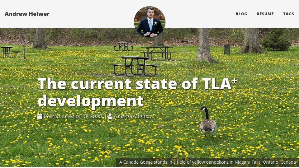 Screenshot of ahelwer.ca: The current state of TLA⁺ development