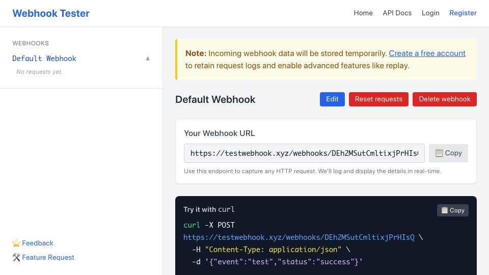 Screenshot of testwebhook.xyz: Self-hostable webhook tester in go