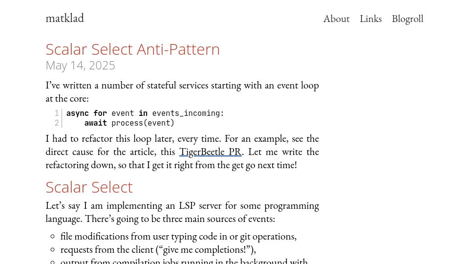 Screenshot of matklad.github.io: The Scalar Select Anti-Pattern
