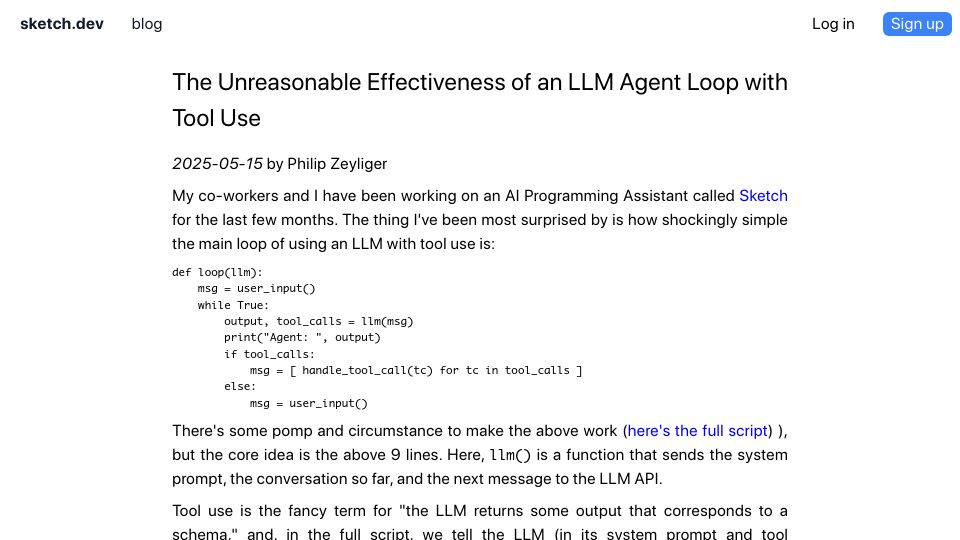 Screenshot of sketch.dev: The unreasonable effectiveness of an LLM agent loop with tool use